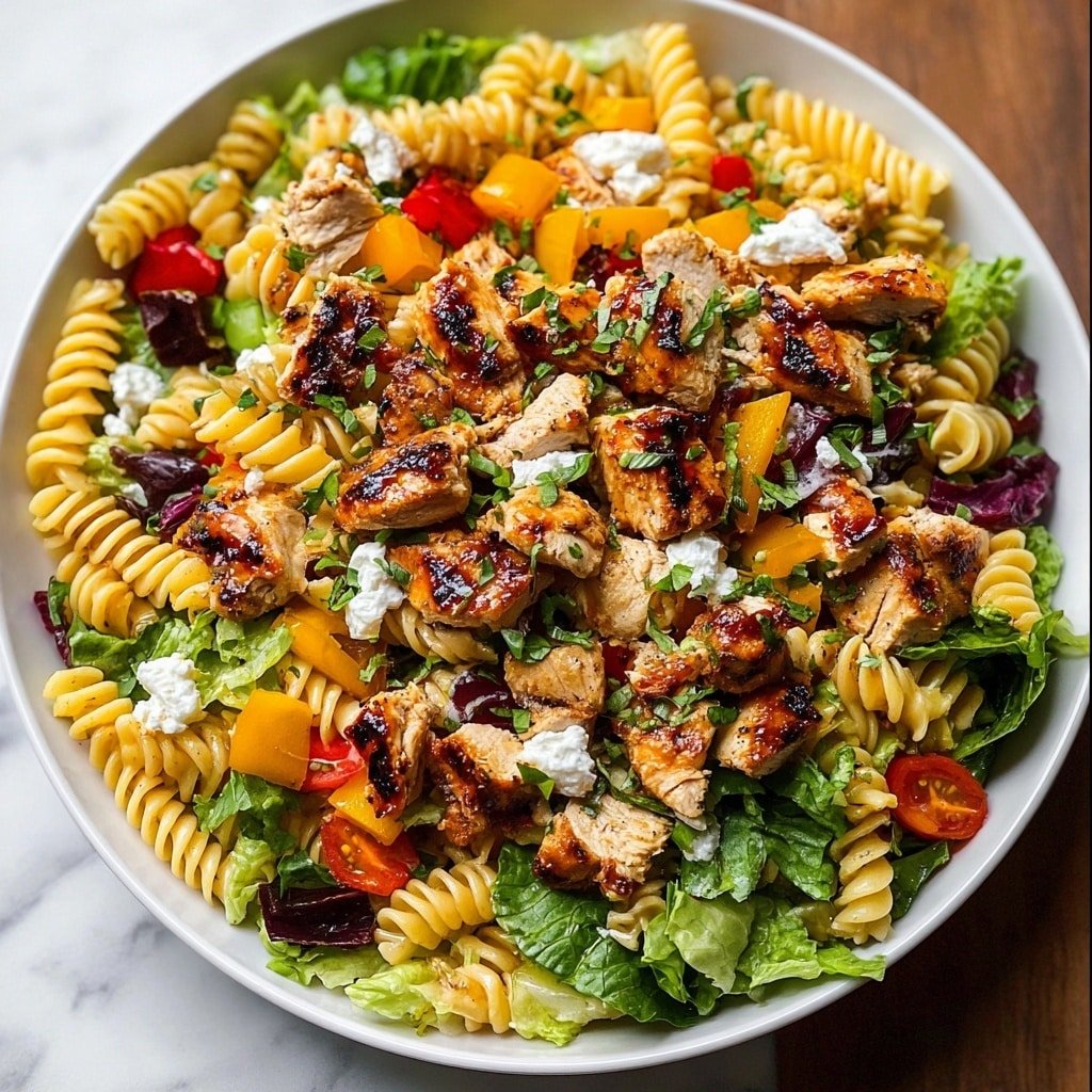 A white plate filled with a colorful pasta salad on a white marbled surface. The bottom layer consists of spiral rotini pasta in a light yellow shade, mixed with green leafy lettuce and small pieces of red and yellow bell peppers. On top of this are chunks of grilled chicken with visible char marks, giving a golden brown color with darker edges. Scattered throughout are diced roasted vegetables in deep red, purple, and yellow hues. Small dollops of white creamy cheese are placed on top, along with sprinkled chopped green herbs. The overall dish looks fresh, vibrant, and layered with varied textures. photo taken with an iphone --ar 1:1 --v 7 — BBQ Chicken Pasta Salad, easy BBQ chicken pasta, smoky BBQ chicken salad, veggie pasta salad with BBQ chicken, quick summer pasta salad