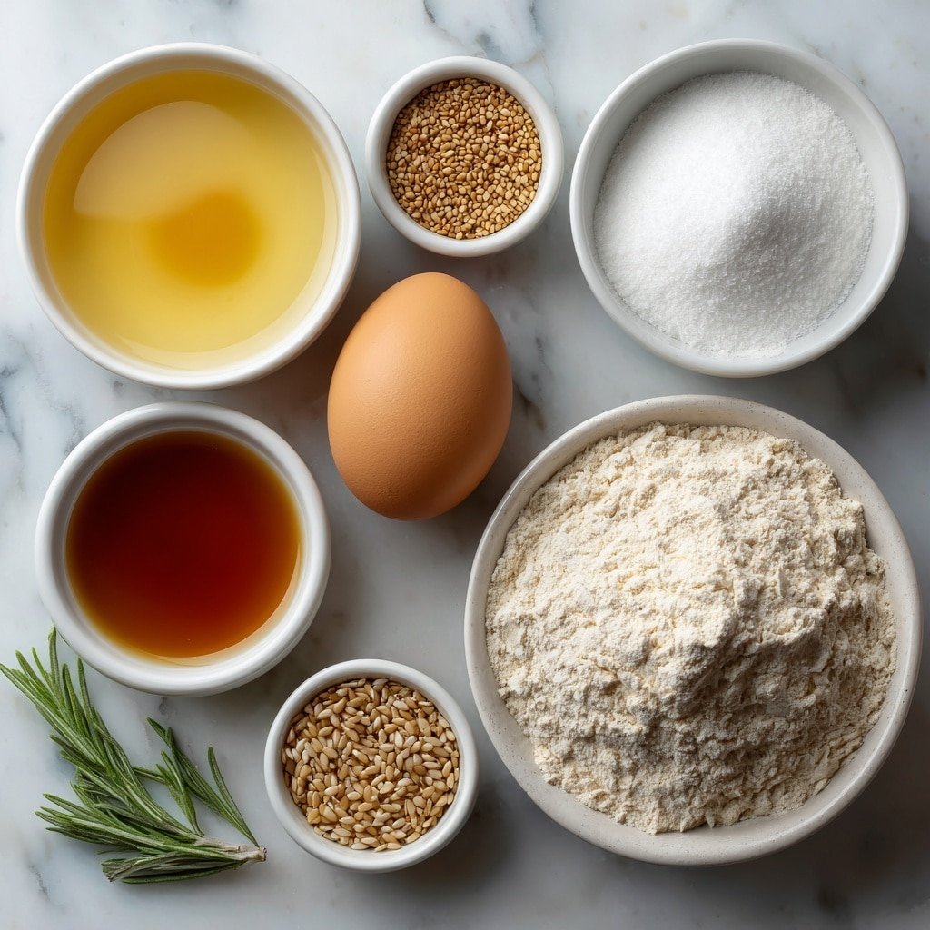Flat lay of a small white ceramic bowl with warm water glowing softly, a small white bowl filled with rich amber barley malt syrup, an uncracked brown egg with a smooth shell, a small white bowl holding active dry yeast granules, a neat mound of unbleached bread flour, a small white bowl of coarse kosher salt crystals, another small white bowl filled with baking soda powder, and a few sprigs of poppy and sesame seeds arranged neatly on a simple white ceramic dish, all evenly spaced and perfectly symmetrical, placed on a clean white marble surface, soft natural light, photo taken with an iPhone, professional food photography style, fresh ingredients, white ceramic bowls, no bottles, no duplicates, no utensils, no packaging --ar 1:1 --v 7 --p m7354639359234015250 — How to Make Authentic Bagels at Home, homemade bagels recipe, easy bagel baking tips, authentic bagel crust and interior, homemade bread and bagels