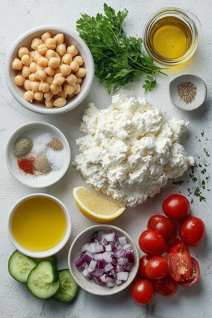 Flat lay of a small mound of fresh white cottage cheese, a small white bowl of shiny beige chickpeas, a handful of halved bright red cherry tomatoes, diced vibrant green cucumber pieces, finely chopped pale purple-red onion, a small bunch of fresh bright green parsley sprigs, a small white bowl with pale yellow lemon juice, a small white bowl of golden olive oil, a small white bowl containing a mix of salt, black pepper, and warm brown cumin powder, and a few crisp green lettuce leaves, all arranged with perfect symmetry on a clean white marble surface, soft natural light, photo taken with an iPhone, professional food photography style, fresh ingredients, white ceramic bowls, no bottles, no duplicates, no utensils, no packaging --ar 2:3 --v 7 --p m7354639359234015250 — Cottage Cheese and Chickpea Salad, healthy chickpea salad recipe, easy cottage cheese salad, quick vegetarian salad, nutritious chickpea and cottage cheese dish