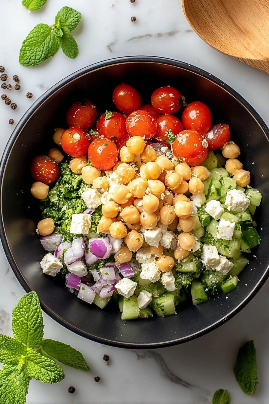 A close-up top view of a black bowl filled with a colorful salad, arranged in several visible layers: the bottom layer contains finely chopped green parsley and cucumber pieces, the middle layer has a generous amount of light beige chickpeas scattered evenly, and the top layer features halved bright red cherry tomatoes, chunks of soft white feta cheese with a slightly crumbly texture, and small pieces of purple onion. The bowl sits on a white marbled surface decorated with scattered green mint leaves and whole peppercorns, with a wooden spoon partially visible on the left side. Photo taken with an iphone --ar 2:3 --v 7 — Cottage Cheese and Chickpea Salad, healthy chickpea salad recipe, easy cottage cheese salad, quick vegetarian salad, nutritious chickpea and cottage cheese dish