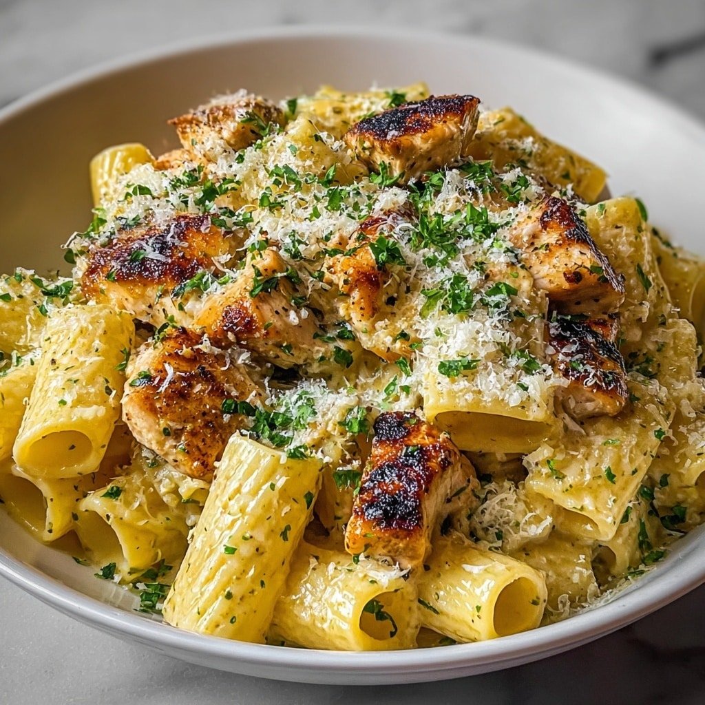 Large rigatoni pasta pieces with grooved textures fill the frame, coated in a creamy light beige sauce with black pepper specks. Scattered on top are browned golden cubes of grilled chicken, showing charred grill marks. The dish is sprinkled generously with shredded white cheese and finely chopped bright green parsley, adding fresh color. The food sits on a white plate placed on a white marbled surface. photo taken with an iphone --ar 1:1 --v 7 — Garlic Butter Chicken Pasta, easy garlic pasta with chicken, creamy chicken pasta, weeknight dinner ideas, comforting pasta recipes