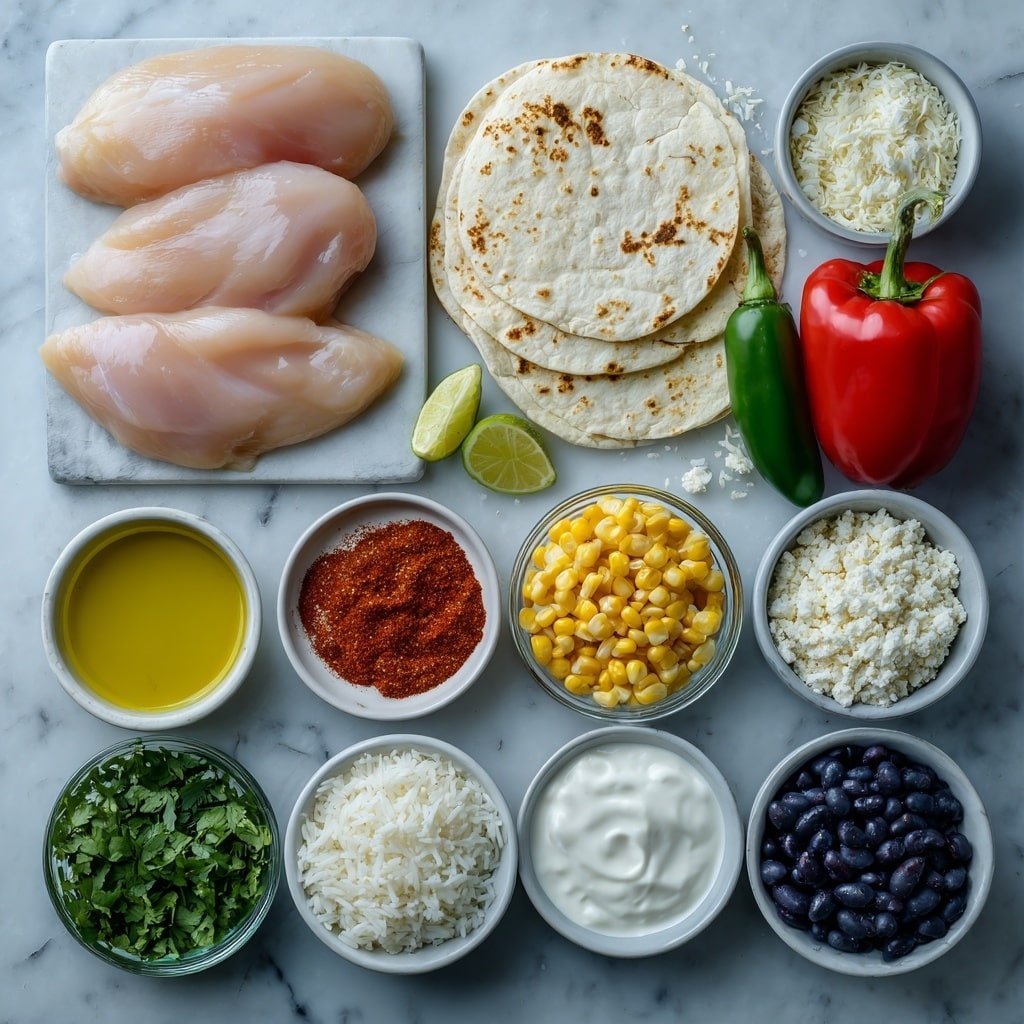 Flat lay of boneless, skinless chicken breasts, a small white bowl of lime juice, a small white bowl with chili powder, a small white bowl with onion powder, a small white bowl with garlic powder, a small white bowl with smoked paprika, a small white bowl of salt, a small white bowl of olive oil, a small white bowl of chipotle peppers in adobo, four large plain tortillas, a small white bowl of uncooked white rice, one small red bell pepper, one whole green jalapeño pepper, half a red onion sliced, three whole garlic cloves, a small white bowl of corn kernels, a small white bowl of black beans, a small white bowl of crumbled cotija cheese, a small white bowl of sour cream, a small white bowl of honey, a small white bowl of chopped fresh cilantro placed on a clean white marble surface, soft natural light, photo taken with an iPhone, professional food photography style, fresh ingredients, white ceramic bowls, no bottles, no duplicates, no utensils, no packaging --ar 1:1 --v 7 --p m7354639359234015250 — Southwest Chicken Wraps, Southwest Chicken Wraps recipe, spicy chicken wraps, easy chicken wraps, flavorful wrap ideas