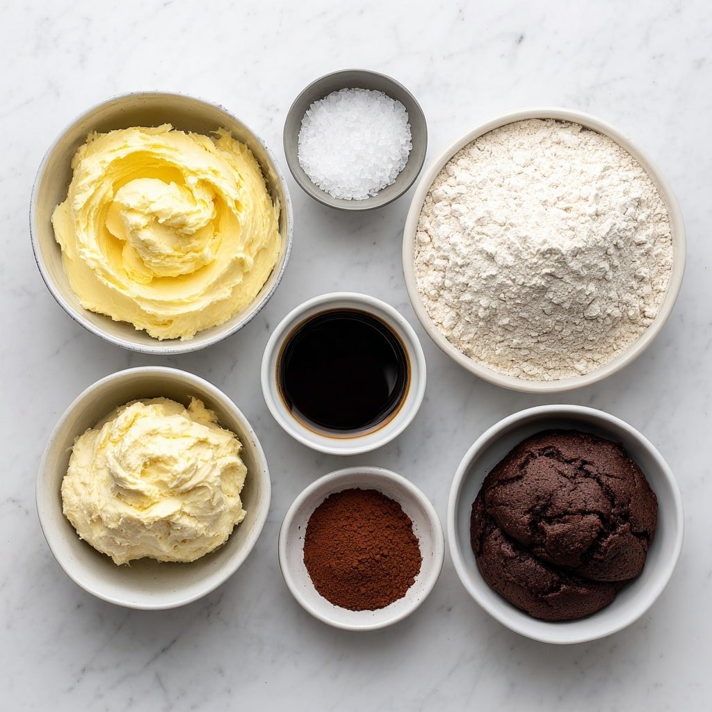 Flat lay of a small bowl of creamy vanilla paste, a medium mound of unbleached bread flour, a small bowl filled with coarse sea salt crystals, a small white bowl of light brown dutch process cocoa powder, a small white bowl with rich black cocoa powder, a small white bowl containing freshly brewed espresso, three medium bowls each holding hydrated sourdough starter dough in light beige, deep cocoa brown, and dark black cocoa shades, placed in perfect symmetrical order with clean white ceramic bowls, placed on a clean white marble surface, soft natural light, photo taken with an iPhone, professional food photography style, fresh ingredients, white ceramic bowls, no bottles, no duplicates, no utensils, no packaging --ar 1:1 --v 7 --p m7354639359234015250 — Chocolate Vanilla Swirl Sourdough Bread, Chocolate Vanilla bread recipe, marbled sourdough bread, homemade flavored sourdough, artisanal bread with chocolate and vanilla