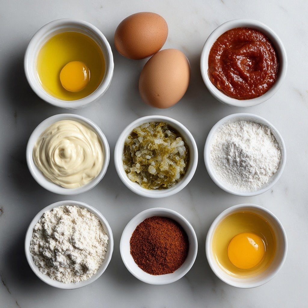 Flat lay of two whole uncracked brown eggs, a small white ceramic bowl of yellow mustard, a small white ceramic bowl of mayonnaise, a small white ceramic bowl of dill pickle relish with visible small pickle chunks, a small white ceramic bowl of reddish-orange hot sauce, a small white ceramic bowl of Cajun seasoning powder, a small white ceramic bowl of all-purpose flour, a small white ceramic bowl of beaten eggs with visible yolk and white, a small white ceramic bowl of panko breadcrumbs, a small white ceramic bowl of reddish gumbo file powder, all arranged in perfect symmetry and balanced proportions, placed on a clean white marble surface, soft natural light, photo taken with an iPhone, professional food photography style, fresh ingredients, white ceramic bowls, no bottles, no duplicates, no utensils, no packaging --ar 1:1 --v 7 --p m7354639359234015250 — Spicy Cajun Bayou Deviled Eggs, Cajun deviled eggs recipe, spicy appetizer ideas, Cajun-inspired party snacks, flavorful deviled eggs