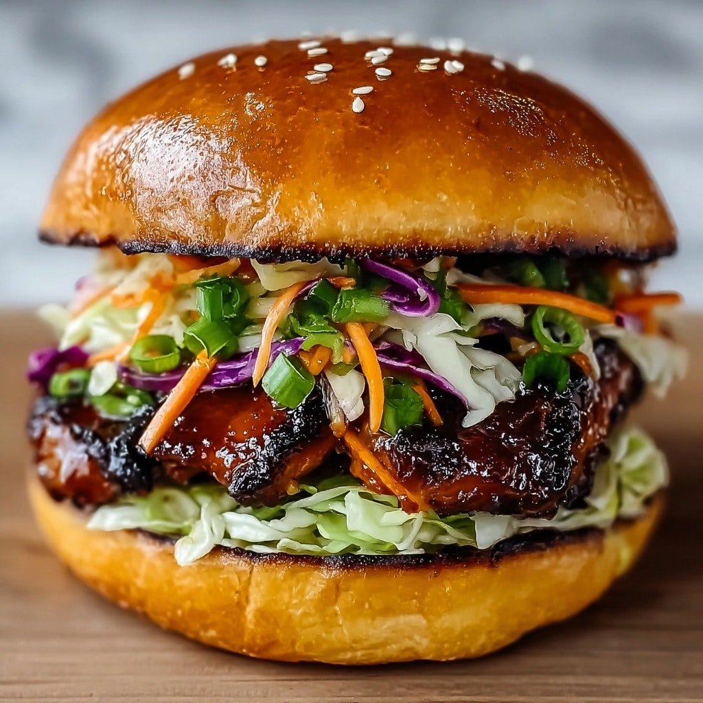 A close-up view of a sandwich with four layers: the bottom layer is a toasted, golden brown bun that has a slight charred edge; above it is a layer of shredded light green lettuce; next, two pieces of grilled meat with a shiny dark brown glaze cover the lettuce; on top of the meat is a colorful mix of shredded vegetables, including light green cabbage, orange carrot strips, thin purple cabbage, and green scallion slices; the sandwich is finished with a shiny golden brown top bun sprinkled with a few white sesame seeds. The sandwich sits on a surface with a white marbled texture. Photo taken with an iphone --ar 1:1 --v 7 — Korean BBQ Chicken Sandwich with Cabbage Slaw, Korean BBQ Chicken Sandwich, Chicken Sandwich with Cabbage Slaw, Easy Korean Chicken Sandwich, Korean-inspired sandwich recipes