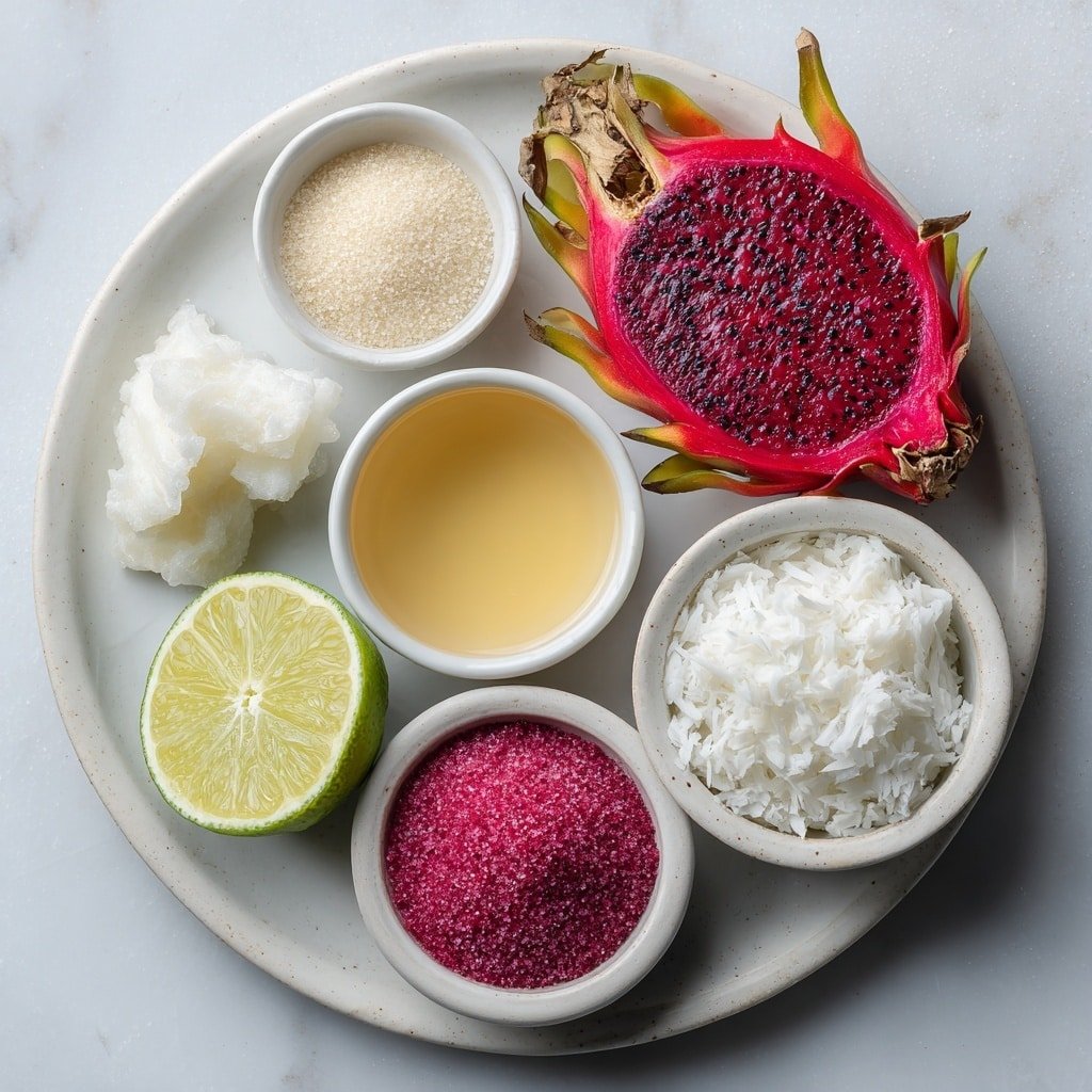 Flat lay of a small white bowl of clear tequila, a small white bowl of golden Malibu coconut rum, a small white bowl of fresh lime juice with a whole uncut lime beside it sliced into a perfect wheel, a small white bowl of vibrant pink dragon fruit syrup, a tiny mound of fine sea salt, and a delicate edible flower arranged in perfect symmetry on a clean white ceramic plate, all placed on a clean white marble surface, soft natural light, photo taken with an iPhone, professional food photography style, fresh ingredients, white ceramic bowls, no bottles, no duplicates, no utensils, no packaging --ar 1:1 --v 7 --p m7354639359234015250 — Pink Coconut Margarita, tropical cocktail recipes, easy margarita drinks, coconut rum cocktails, homemade cocktail ideas