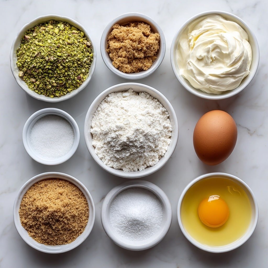 Flat lay of a small white ceramic bowl filled with coarse green pistachios, a small white ceramic bowl with light brown graham cracker crumbs, a small white ceramic bowl containing a smooth green pistachio paste, a small white ceramic bowl of pale ivory cream cheese, a small white ceramic bowl with granulated sugar crystals, a small white ceramic bowl holding fine white cornstarch powder, one whole large brown egg, one whole large white egg, one whole large egg yolk still in its shell color, a small white ceramic bowl with clear heavy cream, a small white ceramic bowl with granulated vanilla extract, and a small white ceramic bowl with almond extract, a small white ceramic bowl with golden melted unsalted butter, all arranged symmetrically with perfect balance, placed on a clean white marble surface, soft natural light, photo taken with an iPhone, professional food photography style, fresh ingredients, white ceramic bowls, no bottles, no duplicates, no utensils, no packaging --ar 1:1 --v 7 --p m7354639359234015250 — Cream Cheese Pistachio Cheesecake, pistachio cheesecake recipe, easy pistachio dessert, no-bake cheesecake with pistachios, creamy nutty cheesecake