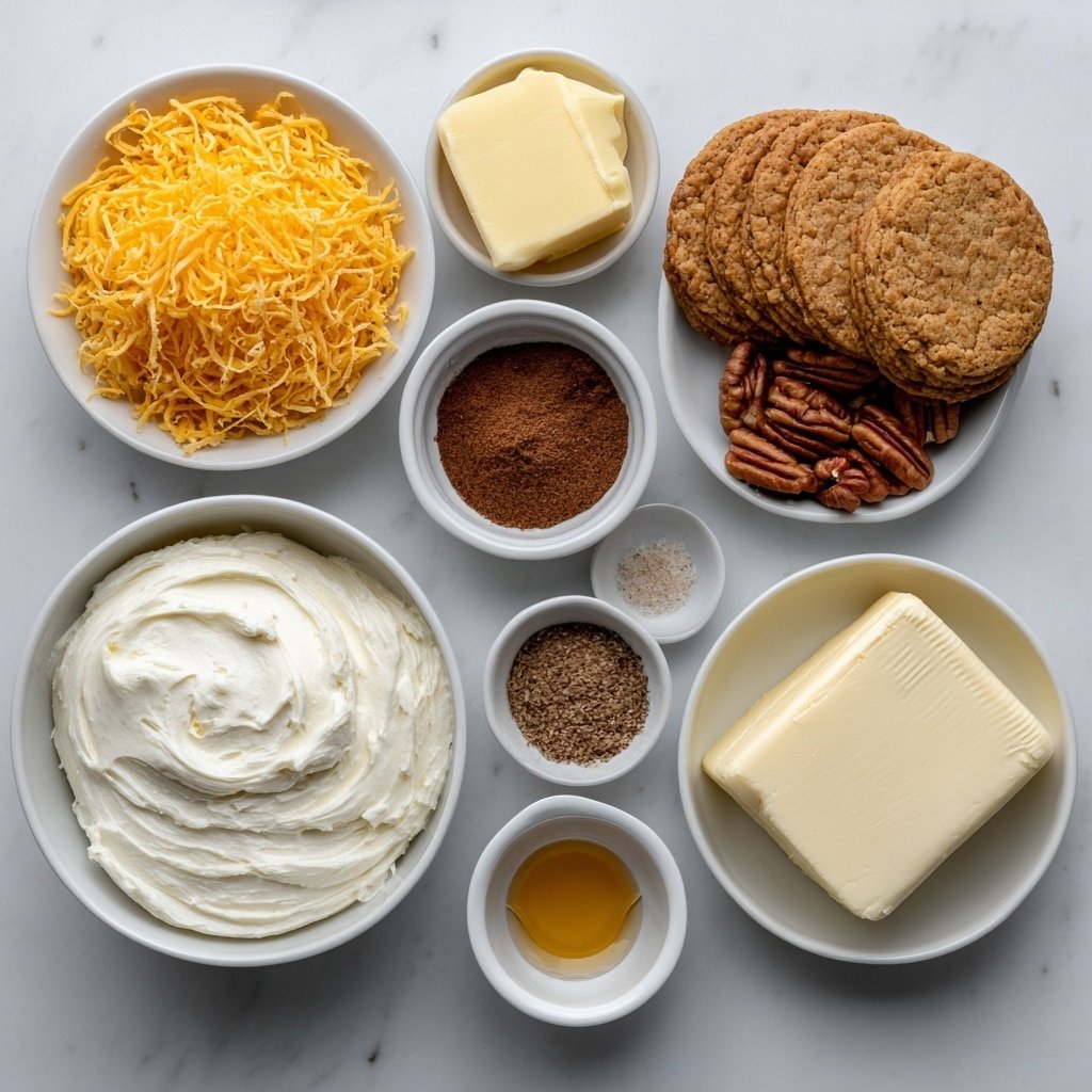 Flat lay of a small mound of bright orange shredded carrots, two pats of smooth unsalted butter, a small white bowl filled with packed dark brown sugar, a small white bowl containing warm brown ground cinnamon, a small white bowl with fine light brown ground ginger, a small white bowl of dark brown ground cloves, a small white bowl of medium brown ground nutmeg, a round block of softened creamy white cream cheese, a small white bowl holding thick sweetened condensed milk, a small white bowl of pale golden vanilla extract, a large white bowl filled with cold heavy whipping cream, a handful of chopped toasted pecans, and six whole golden vanilla cookies neatly stacked, all arranged with perfect symmetry on a simple white ceramic surface placed on a clean white marble surface, soft natural light, photo taken with an iPhone, professional food photography style, fresh ingredients, white ceramic bowls, no bottles, no duplicates, no utensils, no packaging --ar 1:1 --v 7 --p m7354639359234015250 — Carrot Cake Ice Cream, best carrot cake ice cream, homemade carrot cake ice cream, no-churn carrot cake ice cream, creamy carrot cake dessert