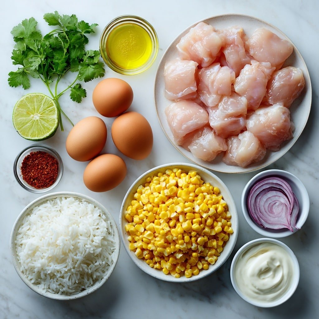 Flat lay of two large raw chicken breasts cut into bite-size cubes, a small mound of cooked white jasmine rice on a simple white ceramic plate, a small white bowl with bright yellow fresh corn kernels, a small white bowl with golden olive oil, a fresh lime halved and one whole lime, a small pile of thinly sliced red onion rings, fresh cilantro sprigs neatly arranged, a small white bowl of creamy plain Greek yogurt, a small white bowl with smooth mayonnaise, a single peeled garlic clove next to a small heap of finely minced garlic, a small white bowl containing smoked paprika powder, another small white bowl with chili powder, a tiny white bowl with garlic powder, and two whole uncracked brown eggs placed symmetrically, all arranged with perfect balance and symmetry on a clean white marble surface, soft natural light, photo taken with an iPhone, professional food photography style, fresh ingredients, white ceramic bowls, no bottles, no duplicates, no utensils, no packaging --ar 1:1 --v 7 --p m7354639359234015250 — Street Corn Chicken Rice Bowl, easy street corn chicken bowl, flavorful chicken rice recipe, quick rice bowl with corn and chicken, cheesy street corn chicken dish