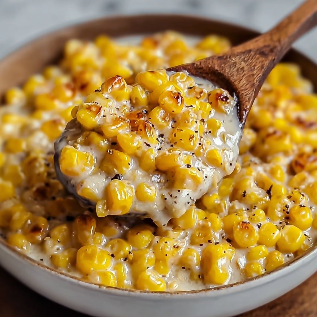 A close-up view of creamy corn in a wooden spoon showing one layer of bright yellow corn kernels mixed with thick white sauce, with small black pepper specks scattered on top and some kernels slightly browned and caramelized, all held above a blurred background of more creamy corn on a white marbled surface, photo taken with an iphone --ar 1:1 --v 7 — Creamy Honey Butter Corn, Honey Butter Corn Recipe, Sweet and Savory Corn Dish, Comfort Food Corn, Easy Corn Side Dish