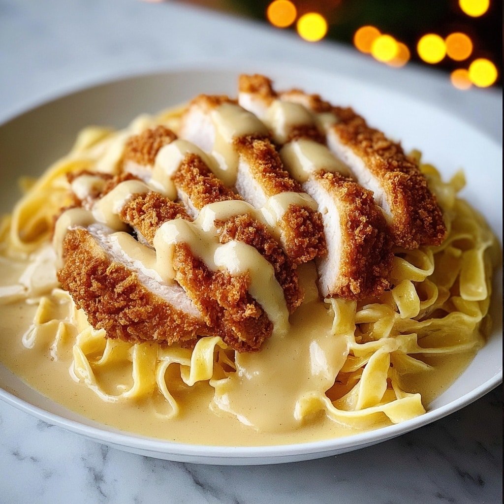 A white plate holds a base layer of creamy, pale yellow fettuccine noodles with a smooth texture, slightly glossy from the sauce. On top of the noodles, there are four thick slices of crispy, golden brown fried chicken arranged side by side, showing the white meat inside. The chicken is topped with light beige gravy drizzled unevenly, flowing down onto both the chicken and the pasta. The background is a white marbled surface with some blurred warm lights giving a cozy feel. Photo taken with an iphone --ar 1:1 --v 7 — Crispy Chicken with Creamy Garlic Pasta, crispy chicken and garlic pasta, creamy garlic chicken recipe, easy crispy chicken dinner, flavorful pasta with chicken
