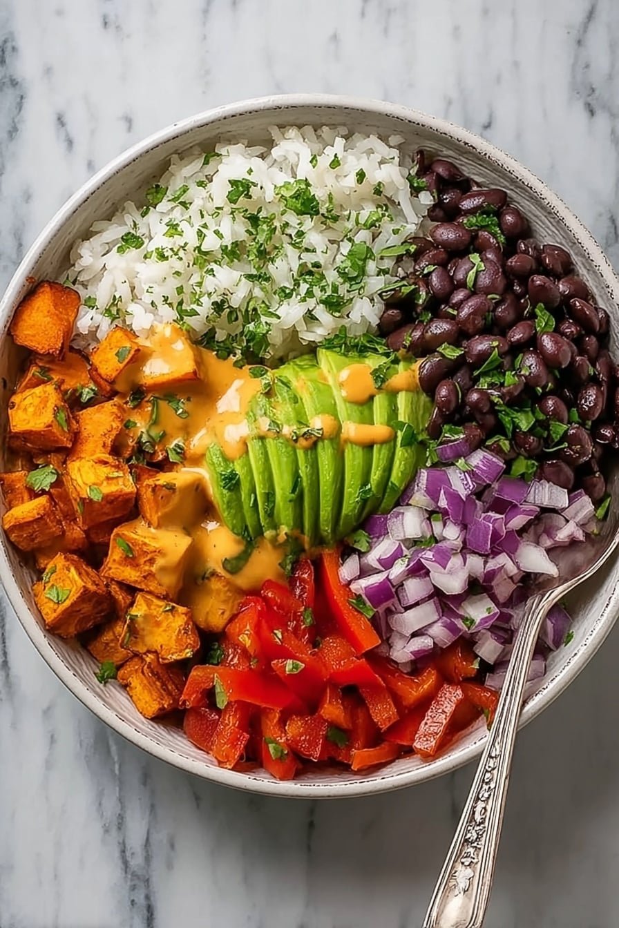 A white bowl holds six neatly arranged layers of food on a white marbled surface. Starting at the top, there is a layer of plain white rice with a sprinkle of chopped green herbs. Next to the rice are small black beans, also topped with herbs. Below the beans, there are thin avocado slices fanned out in a neat row, partially covered with a drizzle of light orange sauce. Moving left, chopped red onions are placed beside the avocado, with the same sauce drizzled across. Next, bright red bell pepper strips are laid out, and a layer of diced orange roasted sweet potatoes fills the remaining space. Each layer is fresh and colorful with the orange sauce lightly drizzled over all. An ornate spoon rests on the right side of the bowl. Photo taken with an iphone --ar 2:3 --v 7 — Vegan Sweet Potato Burrito Bowl, healthy vegan meal, easy plant-based dinner, roasted sweet potato bowls, flavorful vegan lunch