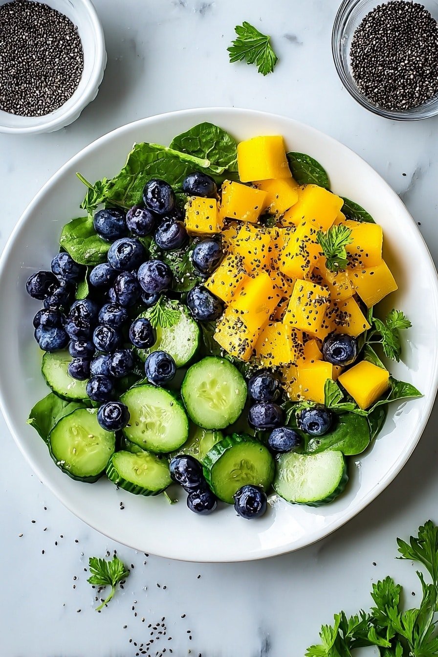 Mango Cucumber Salad with Blueberries and Avocado Recipe - Article Image 2 — Mango Cucumber Salad with Blueberries and Avocado, healthy summer salad, refreshing fruit salad, easy fruit and veggie salad, vibrant fruit salad recipe