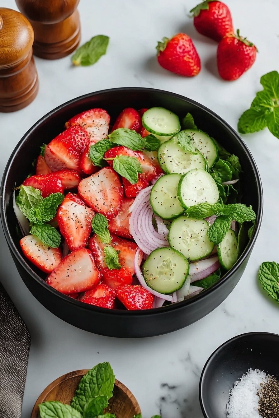The dish shows a white bowl filled with three main layers: the bottom layer is mostly white cream or yogurt visible through the gaps, the second layer is made of round slices of fresh green cucumber evenly spread across the bowl, and the top layer includes whole and halved bright red strawberries placed among the cucumber slices. Small clusters of white crumbled cheese are sprinkled lightly on top, along with a few small green leaves of herbs that add fresh color. The bowl is set on a white marbled surface with some loose strawberry, cucumber slices, and herb leaves around it. Photo taken with an iphone --ar 2:3 --v 7 — Cucumber Strawberry Salad with Mint, Fresh fruit salad with mint, Summer cucumber and strawberry salad, Healthy fruit and vegetable salad, Easy summer salad ideas