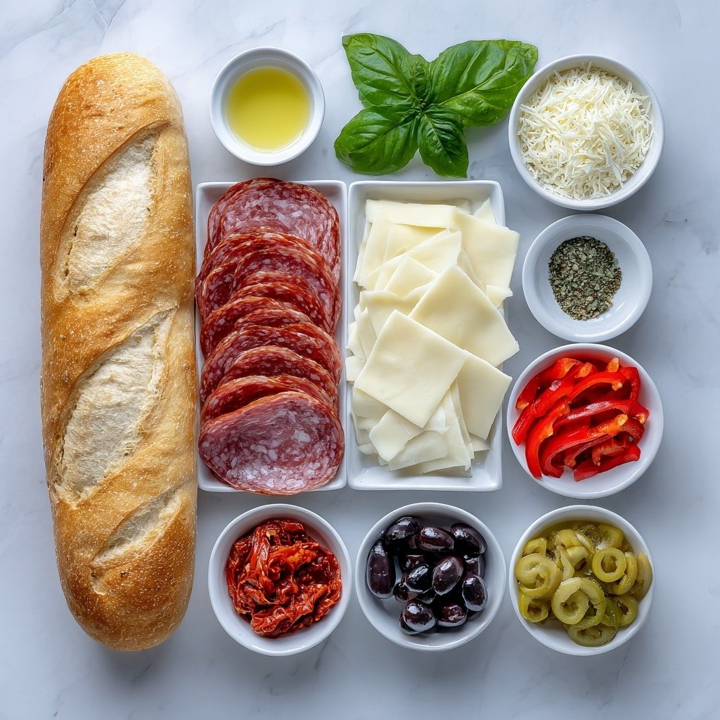 Flat lay of a whole Italian sub roll with a golden crust, a small white bowl of melted butter, small white bowls each containing garlic powder, onion powder, dried oregano, dried basil, red pepper flakes, salt, and black pepper, thinly sliced deli salami, deli ham, and pepperoni neatly arranged in separate piles, slices of mozzarella and provolone cheese fanned out on white ceramic plates, a small white bowl of grated Parmesan cheese, small white bowls with sliced roasted red peppers, sliced black olives, and sliced banana peppers, fresh bright green basil leaves scattered in a small cluster, all ingredients fresh and natural, perfectly balanced and symmetrical on simple white ceramic dishes, placed on a clean white marble surface, soft natural light, photo taken with an iPhone, professional food photography style, fresh ingredients, white ceramic bowls, no bottles, no duplicates, no utensils, no packaging --ar 1:1 --v 7 --p m7354639359234015250 — Baked Italian Grinder Sandwiches, Italian grinder sandwich recipe, baked sandwich ideas, homemade Italian subs, savory baked sandwich