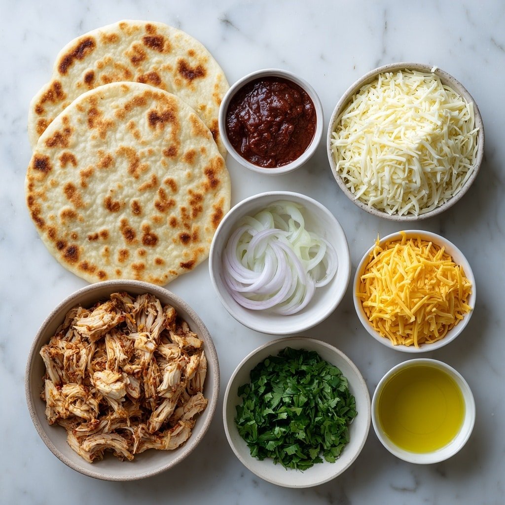Flat lay of two round flatbreads with a golden crust, a small white ceramic bowl filled with shredded rotisserie chicken coated in rich dark BBQ sauce, a small white bowl of vibrant reddish-brown BBQ sauce, a small white bowl piled with shredded white mozzarella cheese, a small white bowl with bright orange shredded sharp cheddar cheese, a small white bowl containing thin slices of translucent red onion, a small white bowl holding fresh green chopped cilantro leaves, and a small white bowl with golden olive oil, all arranged in perfect symmetry on a clean white marble surface, soft natural light, photo taken with an iPhone, professional food photography style, fresh ingredients, white ceramic bowls, no bottles, no duplicates, no utensils, no packaging --ar 1:1 --v 7 --p m7354639359234015250 — BBQ Chicken Flatbread, BBQ Chicken Flatbread recipe, easy flatbread dinner, homemade BBQ flatbread, quick BBQ chicken pizza
