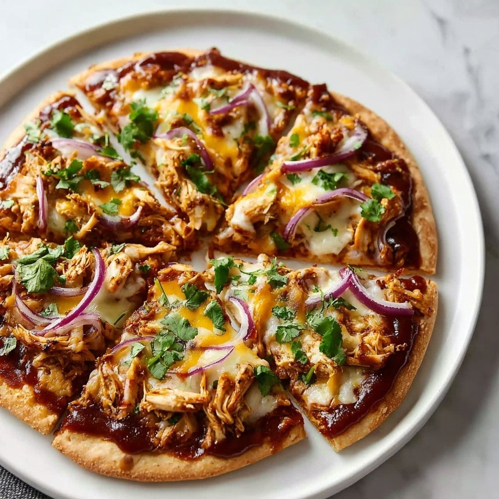A round pizza with a golden brown thin crust sits on a white plate over a white marbled surface, sliced into eight pieces. The first layer is a thick, dark reddish-brown barbecue sauce covering the crust. Shredded cooked chicken in light brown and beige tones sits unevenly on top of the sauce. Melted yellow and white cheeses create a gooey texture over the chicken and sauce. Thin rings of light purple-red onion are scattered on top, along with fresh bright green cilantro leaves spread evenly across the pizza. The photo was taken with an iphone --ar 1:1 --v 7 — BBQ Chicken Flatbread, BBQ Chicken Flatbread recipe, easy flatbread dinner, homemade BBQ flatbread, quick BBQ chicken pizza