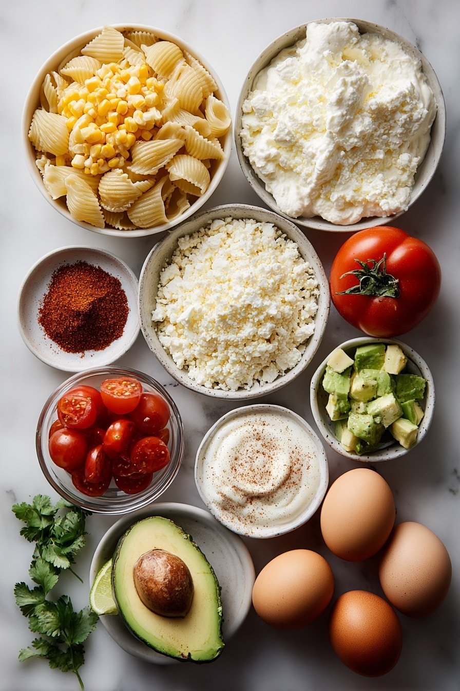Street Corn Pasta Salad Recipe - Ingredients Image — Street Corn Pasta Salad, Mexican-inspired pasta salad, grilled corn pasta salad, summer pasta salad recipes, easy flavorful pasta salad