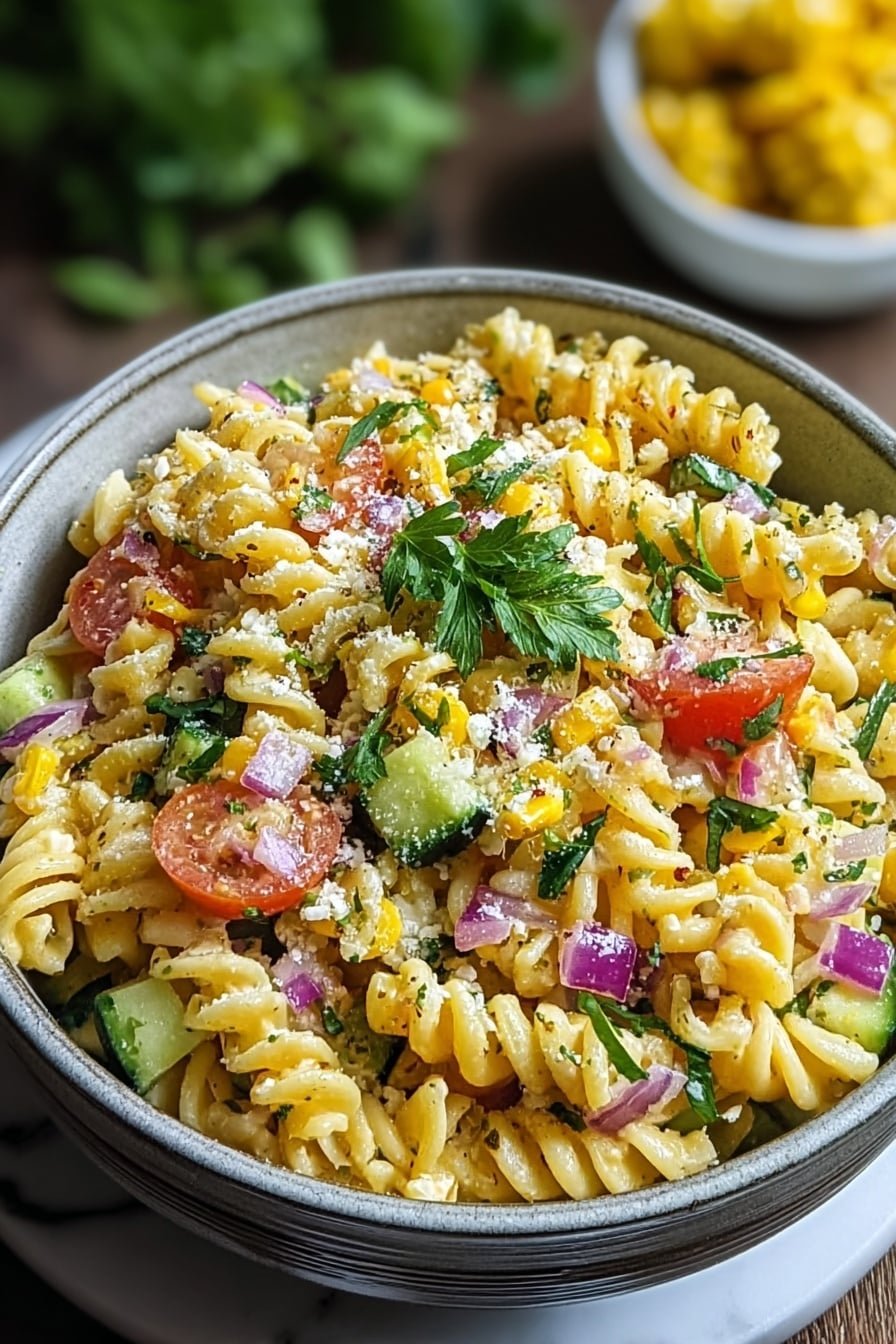 Street Corn Pasta Salad Recipe - Article Image 2 — Street Corn Pasta Salad, Mexican-inspired pasta salad, grilled corn pasta salad, summer pasta salad recipes, easy flavorful pasta salad