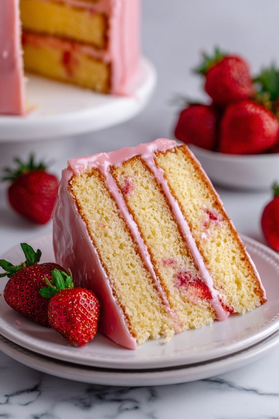 The image shows three slices of a light yellow cake with small red strawberry pieces inside, stacked slightly overlapping on a white plate. Each slice has a thick layer of smooth, shiny pink glaze on top and sides, adding a glossy finish. In the background, there are whole bright red strawberries adding color contrast. The whole setup is on a white marbled surface, creating a clean and fresh look. Photo taken with an iphone --ar 2:3 --v 7 — Strawberry Pound Cake, fresh strawberry cake, moist pound cake, fruity cake with strawberries, easy strawberry pound cake
