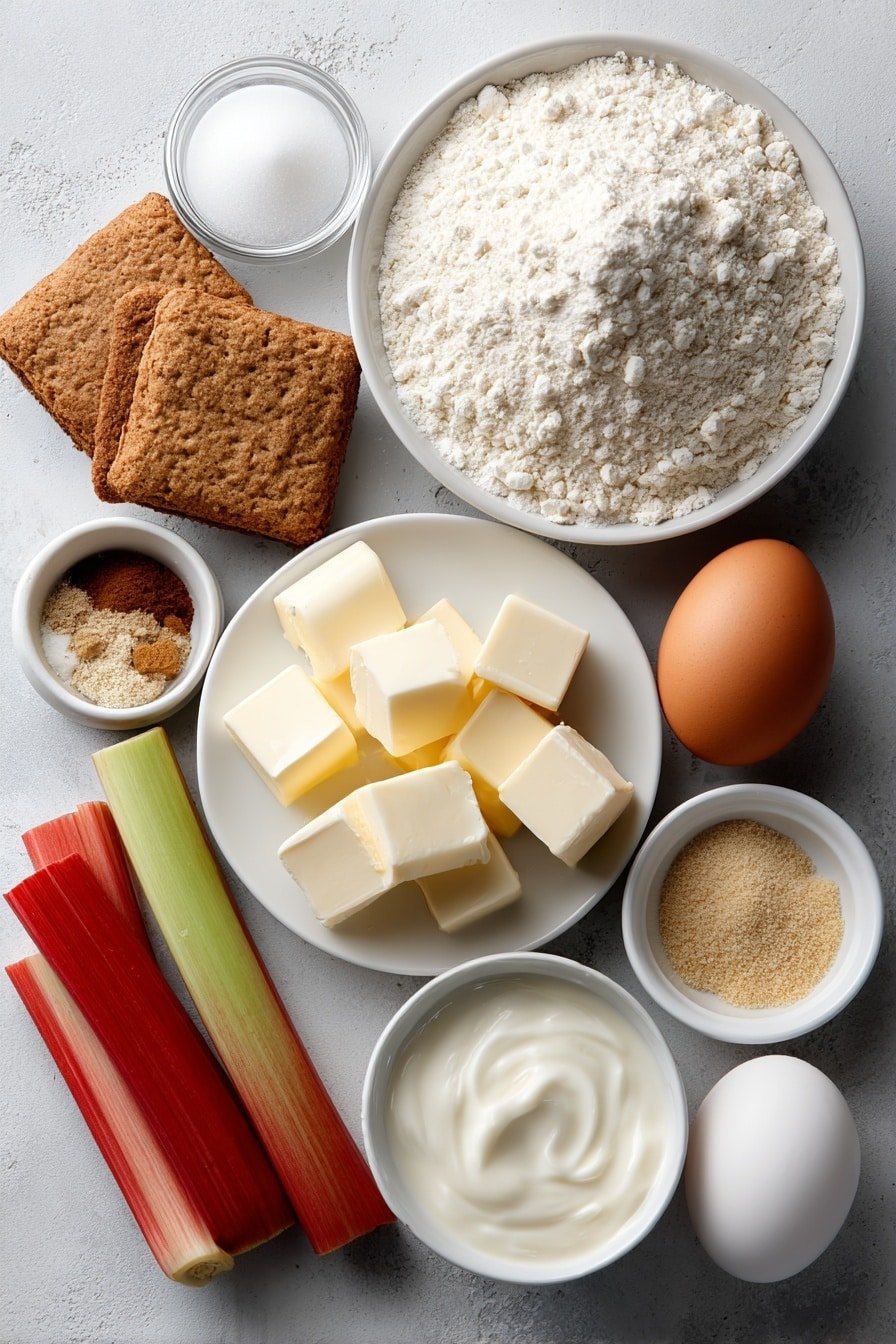 Flat lay of fresh rhubarb stalks cut into pieces arranged beside a simple white ceramic bowl filled with irregular bite-sized bread cubes, a small white bowl with light brown melted butter, another small white bowl holding creamy milk, a small white bowl containing golden brown sugar, three whole uncracked brown eggs neatly placed, a small white bowl with ground cinnamon powder, a small white bowl of ground nutmeg, a small white bowl with freshly grated orange zest, and a small white bowl of vanilla extract liquid, all arranged with perfect symmetry and balance on a clean white marble surface, soft natural light, photo taken with an iPhone, professional food photography style, fresh ingredients, white ceramic bowls, no bottles, no duplicates, no utensils, no packaging --ar 2:3 --v 7 --p m7354639359234015250 — Rhubarb Bread Pudding, Rhubarb Bread Pudding Recipe, Rhubarb Desserts, Easy Bread Pudding with Rhubarb, Comforting Rhubarb Dessert