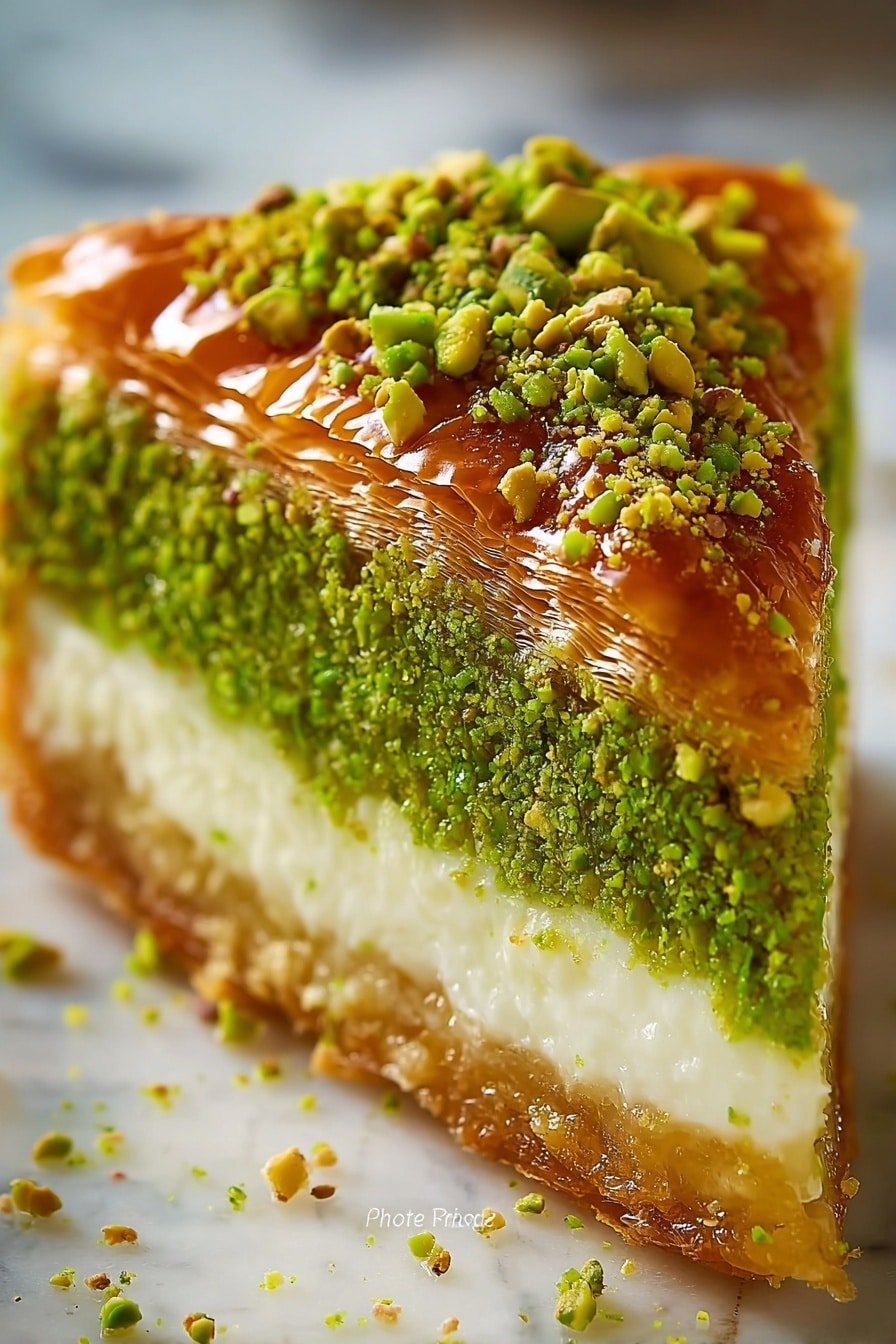 Pistachio Baklava Cheesecake Recipe - Article Image 1 — Pistachio Baklava Cheesecake, baklava cheesecake with pistachios, Mediterranean-inspired dessert, layered baklava cheesecake recipe, nutty and creamy cheesecake