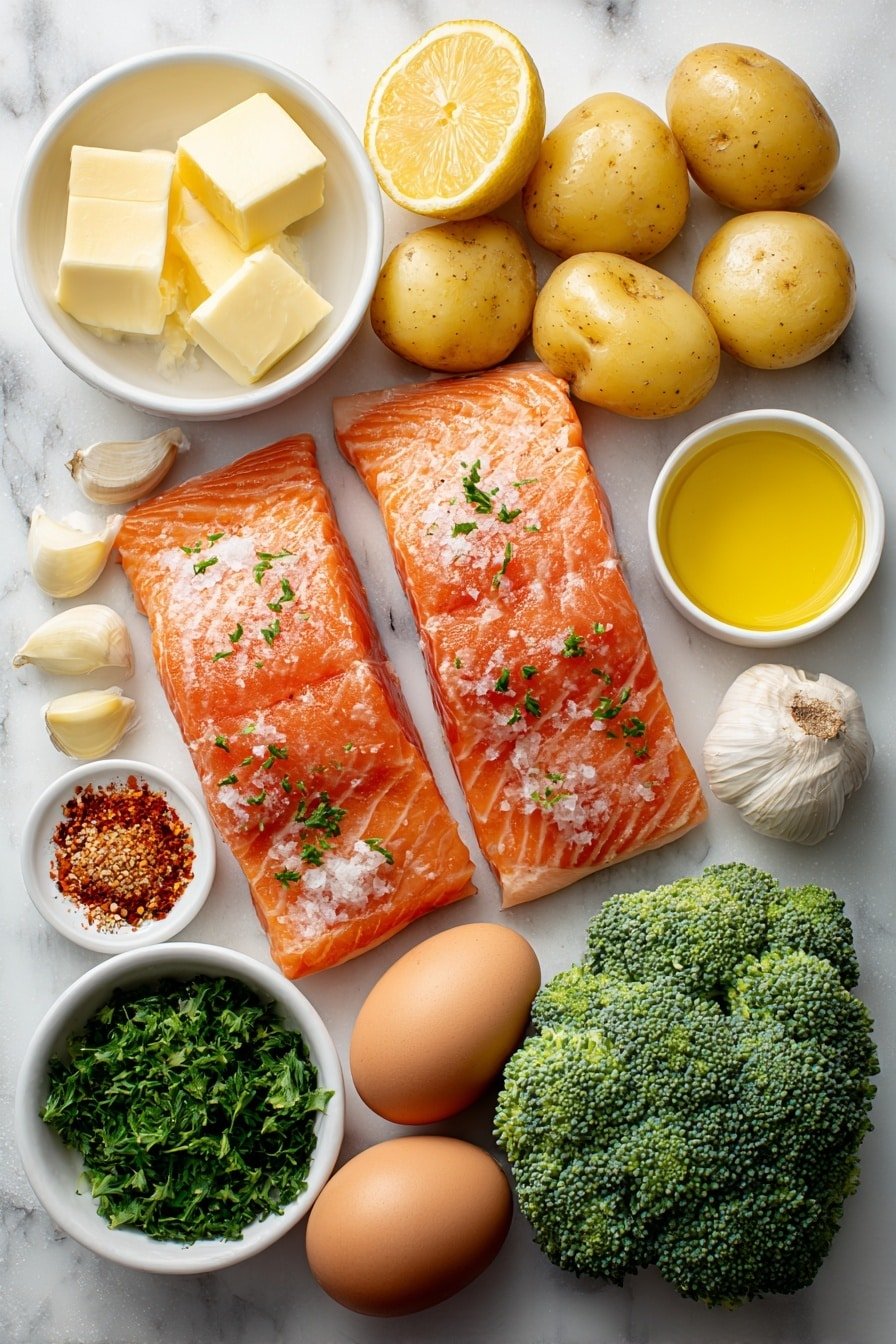 Lemon Butter Salmon with Crispy Potatoes Recipe - Ingredients Image — Lemon Butter Salmon with Crispy Potatoes, Lemon Butter Salmon, Crispy Potatoes recipe, Oven Roasted Salmon and Potatoes, Easy Lemon Salmon dish