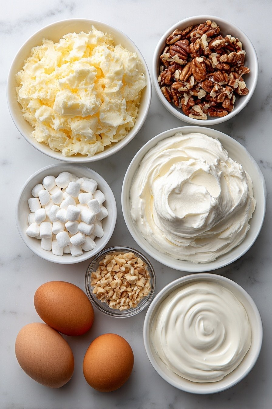 Flat lay of drained crushed pineapple in a small white ceramic bowl, a small white bowl of sour cream, a small white bowl of mini white marshmallows, a small white bowl of finely chopped mixed nuts, a small white bowl of smooth white Cool Whip, two whole brown eggs with clean shells, all arranged symmetrically with perfect proportions on a clean white marble surface, soft natural light, photo taken with an iPhone, professional food photography style, fresh ingredients, white ceramic bowls, no bottles, no duplicates, no utensils, no packaging --ar 2:3 --v 7 --p m7354639359234015250 — Pineapple Fluff with Cool Whip, easy pineapple fluff dessert, no-bake pineapple dessert, creamy fruit salad, quick summer dessert