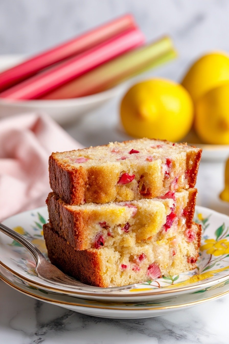 Three slices of moist cake with a golden brown crust sit stacked slightly on a white plate with a soft yellow floral pattern. The inside of the cake is pale yellow with pink and red fruit pieces scattered evenly throughout, giving it a textured look. A silver fork rests on the plate’s edge next to the slices. In the background, colorful rhubarb stalks and two bright yellow lemons lay on a white marbled surface. Photo taken with an iphone --ar 2:3 --v 7 — Lemon Rhubarb Bread, lemon rhubarb quick bread, tart and sweet bread, citrus fruit bread, breakfast bread with rhubarb