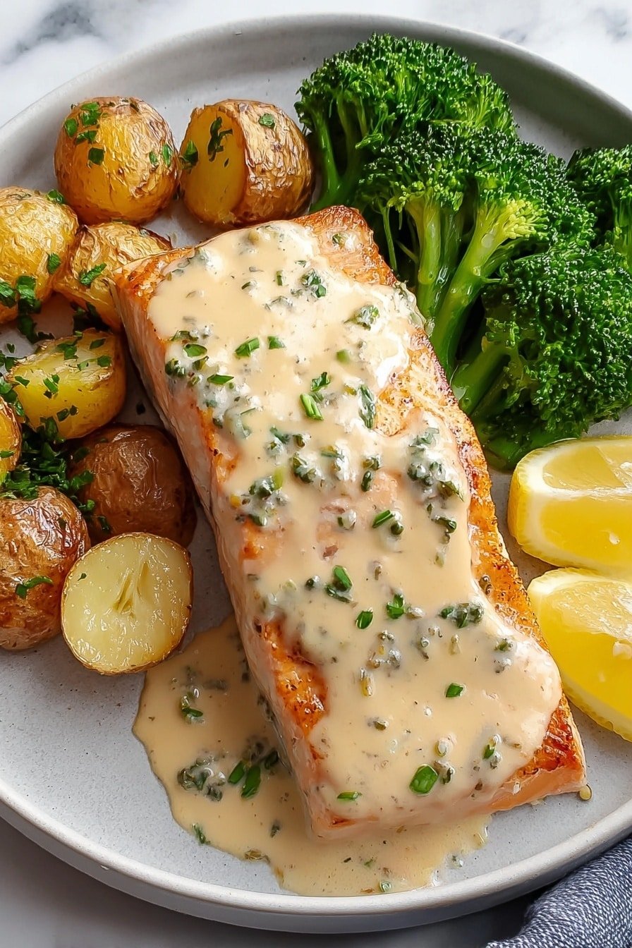 Lemon Butter Salmon with Crispy Potatoes Recipe - Article Image 1 — Lemon Butter Salmon with Crispy Potatoes, Lemon Butter Salmon, Crispy Potatoes recipe, Oven Roasted Salmon and Potatoes, Easy Lemon Salmon dish