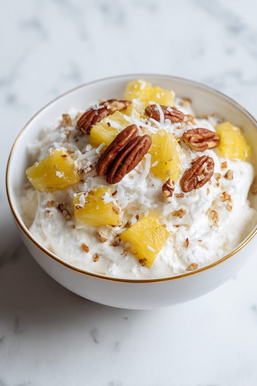 Pineapple Fluff with Cool Whip Recipe - Article Image 1 — Pineapple Fluff with Cool Whip, easy pineapple fluff dessert, no-bake pineapple dessert, creamy fruit salad, quick summer dessert