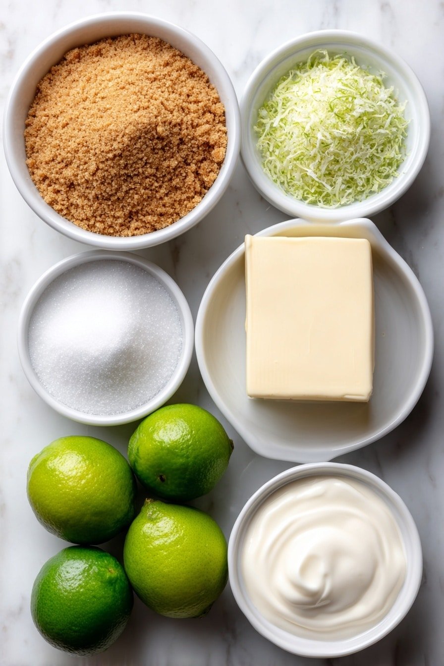 Flat lay of graham cracker crumbs in a small white ceramic bowl, granulated sugar in a small white ceramic bowl, a square of unsalted butter with a smooth surface, fresh whole limes with bright green skin, sweetened condensed milk in a small white ceramic bowl, heavy cream in a small white ceramic bowl, powdered sugar in a small white ceramic bowl, and a small pile of fresh lime zest strands, all arranged symmetrically and proportionately placed on a clean white marble surface, soft natural light, photo taken with an iPhone, professional food photography style, fresh ingredients, white ceramic bowls, no bottles, no duplicates, no utensils, no packaging --ar 2:3 --v 7 --p m7354639359234015250 — Mini Key Lime Pie Bites, key lime dessert, citrus mini pies, no-bake lime bites, easy summer desserts