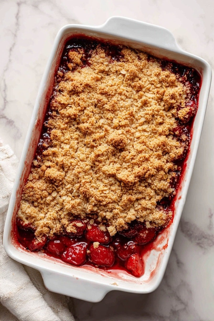 A white rectangular baking dish filled with a fruit crumble dessert, showing two main layers; the bottom layer is a deep red fruit filling with visible chunks and juice bubbling up around the edges, and the top layer is a golden-brown crumbly oat topping with a rough texture and some darker toasted spots. The dish is placed on a white marbled surface, with a small part of a white cloth visible at the bottom left corner. photo taken with an iphone --ar 2:3 --v 7 — Rhubarb Crumble Bars, rhubarb dessert, easy rhubarb bars, fruit crumble bars, homemade rhubarb bars