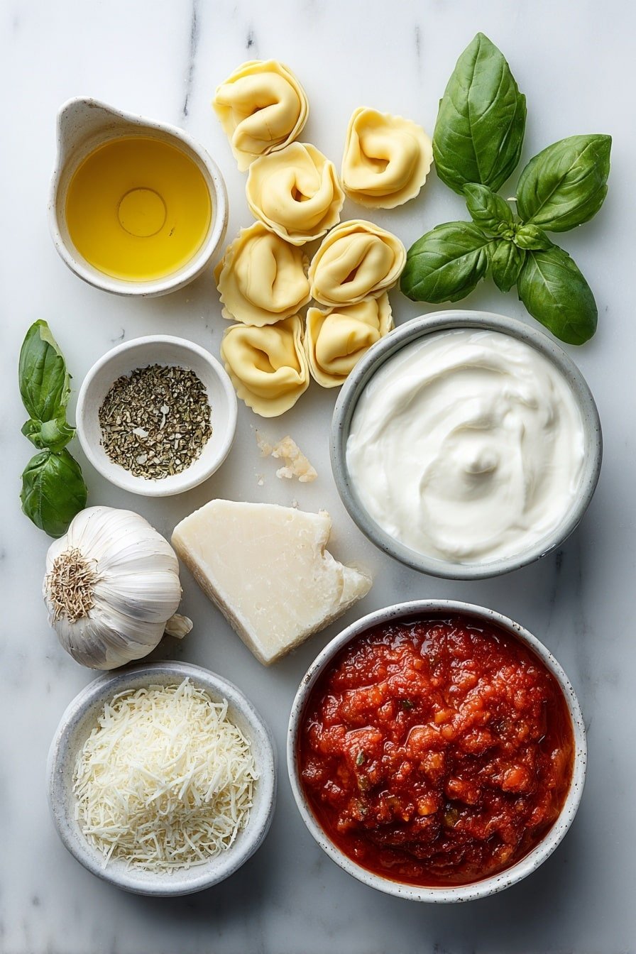 Creamy Tomato Tortellini Recipe - Ingredients Image — Creamy Tomato Tortellini, Creamy Tomato Pasta, Easy Tortellini Dinner, Quick Vegetarian Pasta, Comforting Tomato Pasta