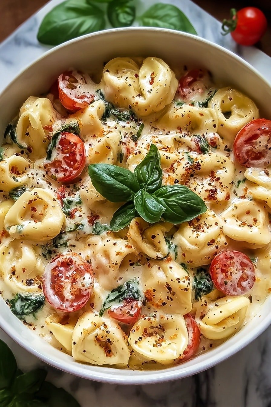 Creamy Tomato Tortellini Recipe - Article Image 1 — Creamy Tomato Tortellini, Creamy Tomato Pasta, Easy Tortellini Dinner, Quick Vegetarian Pasta, Comforting Tomato Pasta