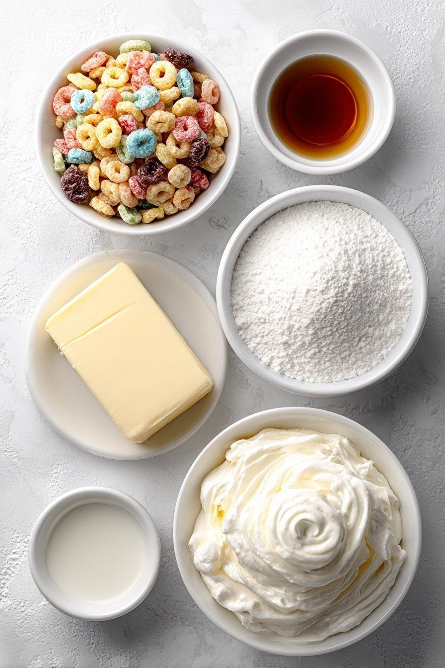 Flat lay of a small mound of colorful fruity cereal, a stick of unsalted butter with a fresh sheen, a block of smooth cream cheese, a small white bowl filled with powdered sugar, a small white bowl with vanilla extract, a small white bowl of fluffy whipped cream, placed on a clean white marble surface, soft natural light, photo taken with an iPhone, professional food photography style, fresh ingredients, white ceramic bowls, no bottles, no duplicates, no utensils, no packaging --ar 2:3 --v 7 --p m7354639359234015250 — Fruity Pebbles Cheesecake Tacos, Fruity Pebbles dessert recipes, easy colorful dessert ideas, quick fruity cereal treats, creative taco dessert recipes