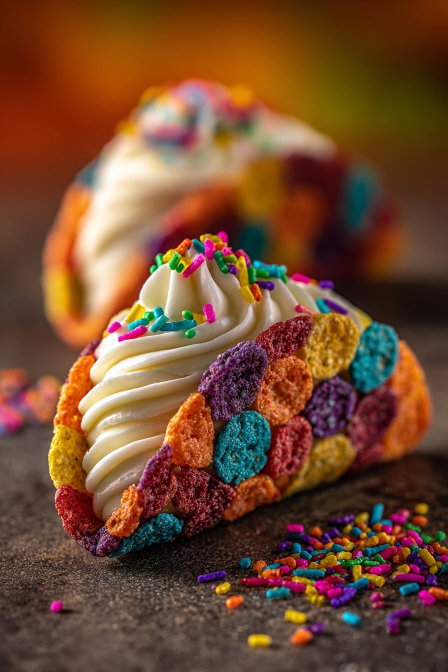 Fruity Pebbles Cheesecake Tacos Recipe - Article Image 1 — Fruity Pebbles Cheesecake Tacos, Fruity Pebbles dessert recipes, easy colorful dessert ideas, quick fruity cereal treats, creative taco dessert recipes