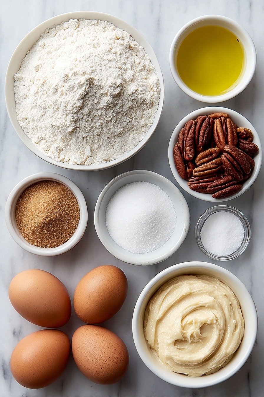 Flat lay of a small mound of all-purpose flour, a small pile of granulated sugar, a small pile of packed brown sugar, a small white bowl of vegetable oil, two large whole uncracked brown eggs, a small handful of whole pecans, a small white bowl of vanilla extract, a small pile of baking powder, a small pinch of salt, and a small white bowl of brown sugar frosting neatly arranged in perfect symmetry on a clean white marble surface, soft natural light, photo taken with an iPhone, professional food photography style, fresh ingredients, white ceramic bowls, no bottles, no duplicates, no utensils, no packaging --ar 2:3 --v 7 --p m7354639359234015250 — Pecan Pie Cupcakes, pecan cupcake recipe, easy pecan cupcakes, holiday dessert recipes, miniature pecan pies