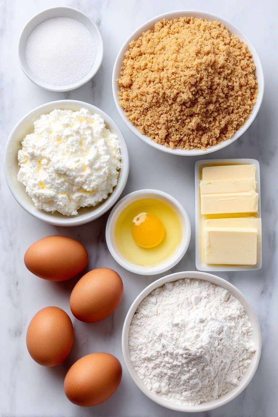 Flat lay of finely crushed graham cracker crumbs in a simple white ceramic bowl, a small white bowl with melted unsalted butter, a large white ceramic bowl of fresh ricotta cheese, a small white bowl filled with granulated sugar, three whole uncracked brown eggs, a few thin strips of fresh lemon zest arranged neatly on white ceramic, a tiny white bowl with all-purpose flour, and a small white bowl containing clear vanilla extract, all placed on a clean white marble surface, soft natural light, photo taken with an iPhone, professional food photography style, fresh ingredients, white ceramic bowls, no bottles, no duplicates, no utensils, no packaging --ar 2:3 --v 7 --p m7354639359234015250 — Creamy Ricotta Pie, Italian dessert recipes, easy ricotta pie, homemade ricotta tart, lemon vanilla dessert
