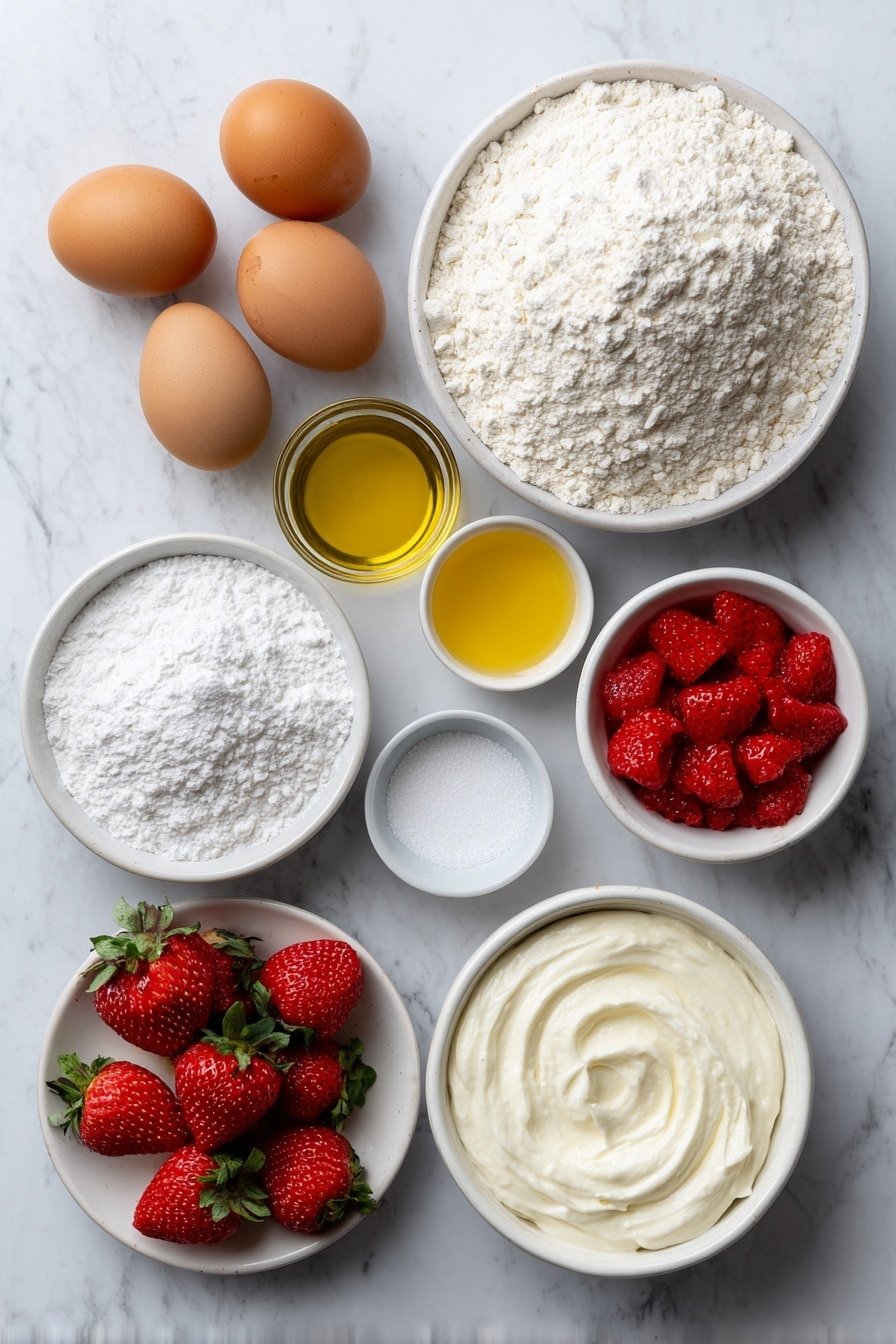 Flat lay of a small mound of all purpose flour, two teaspoons of baking powder in a small white bowl, half a teaspoon of salt in a small white bowl, a plain white ceramic bowl filled with creamy plain Greek yogurt, a simple white bowl heaped with granulated sugar, three whole uncracked brown eggs, a small white bowl with clear vegetable oil, a small white bowl of almond extract, a small white bowl with crushed fresh strawberries, a small white bowl containing powdered sugar, and a white ceramic plate holding bright red diced fresh strawberries, placed on a clean white marble surface, soft natural light, photo taken with an iPhone, professional food photography style, fresh ingredients, white ceramic bowls, no bottles, no duplicates, no utensils, no packaging --ar 2:3 --v 7 --p m7354639359234015250 — Strawberry Pound Cake, fresh strawberry cake, moist pound cake, fruity cake with strawberries, easy strawberry pound cake