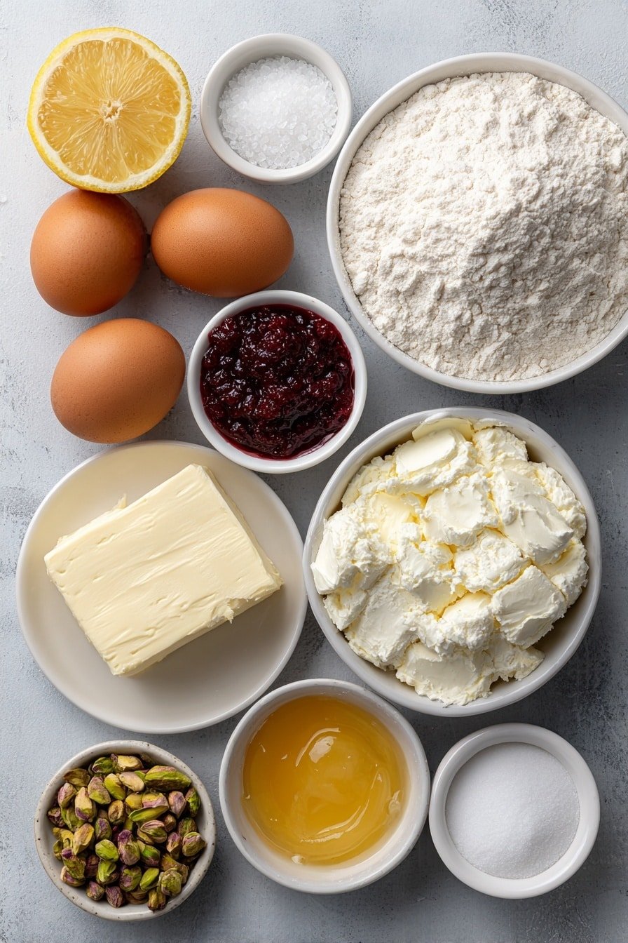 Flat lay of a small pile of strong white bread flour in a neat mound, a heap of granulated caster sugar, a small pile of fine sea salt crystals, a few pale tan fast-action dried yeast granules, a simple white ceramic bowl filled with whole milk, two large brown eggs with clean shells, a small pat of unsalted butter, a dollop of full-fat cream cheese on a white ceramic plate, a small white bowl of bright red raspberry jam, a halved fresh lemon displaying juicy segments, a small white bowl containing golden vanilla bean paste, a small white bowl with powdered icing sugar, a small white bowl with clear rose water, a small white bowl with deep pink edible dried rose petals, and a pile of chopped green shelled pistachios—all arranged in perfect symmetry, placed on a clean white marble surface, soft natural light, photo taken with an iPhone, professional food photography style, fresh ingredients, white ceramic bowls, no bottles, no duplicates, no utensils, no packaging --ar 2:3 --v 7 --p m7354639359234015250 — Raspberry Rose Cheesecake Buns, Raspberry Rose Buns, Cheesecake Buns with Raspberry and Rose Water, Soft Enriched Buns with Raspberry, Floral and Fruity Baked Buns