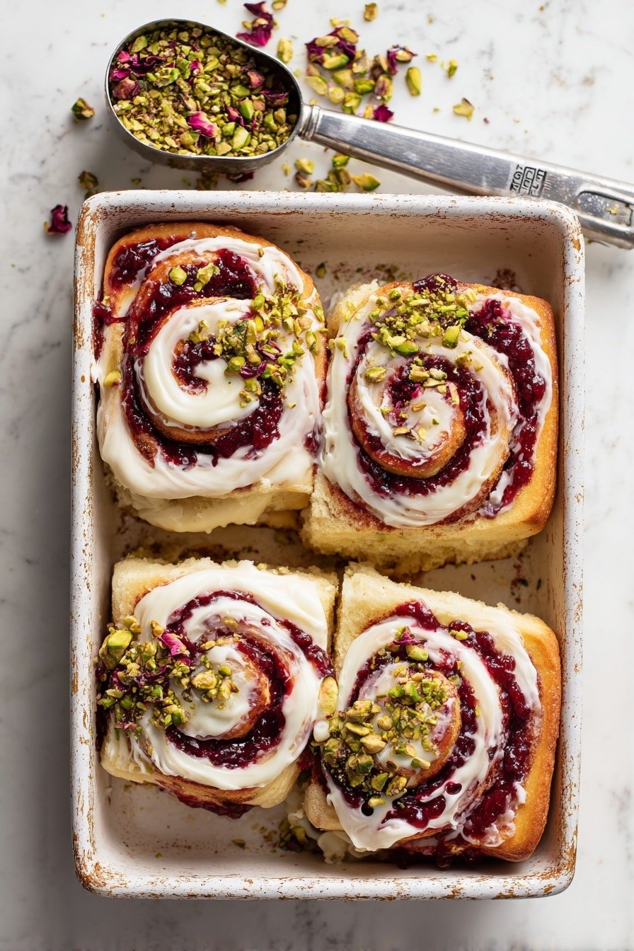 The image shows four soft, square-shaped buns placed on a white marbled surface covered with white parchment paper. Each bun has a thick swirled layer of purple fruit jam in the center, topped with a smooth, white glaze that slightly drips down the sides. Bright green chopped pistachio nuts are sprinkled generously over the top of each bun and around them on the paper, adding a crunchy texture and contrasting color. Small purple rose petals and nut pieces are scattered nearby, giving a fresh and decorative touch. The buns have a golden-brown edge and soft texture visible through the icing. photo taken with an iphone --ar 2:3 --v 7 — Raspberry Rose Cheesecake Buns, Raspberry Rose Buns, Cheesecake Buns with Raspberry and Rose Water, Soft Enriched Buns with Raspberry, Floral and Fruity Baked Buns
