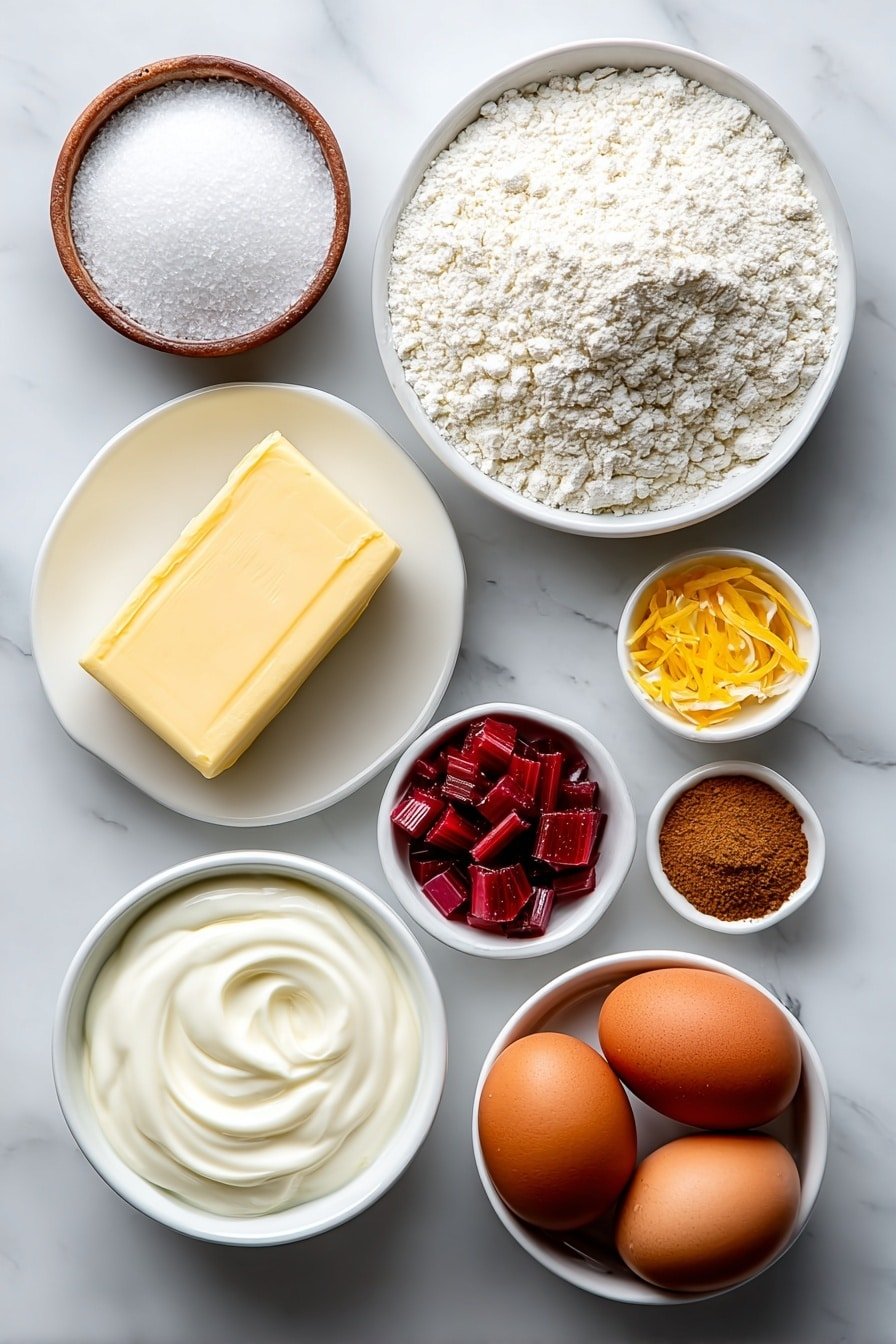 Flat lay of a small cube of pale yellow butter, a small white bowl filled with granulated white sugar, a small white bowl with thick creamy sour cream, a few thin bright yellow lemon zest strips, two whole uncracked brown eggs, a small white bowl of all-purpose white flour, a small white bowl of fine white baking powder, a small white bowl of white salt, a small white bowl containing warm brown ground cardamom powder, a small white bowl with vibrant diced red rhubarb pieces, and a small white bowl with thin round slices of bright red rhubarb placed neatly beside the diced rhubarb, all arranged with perfect symmetry and balanced spacing on a clean white marble surface, soft natural light, photo taken with an iPhone, professional food photography style, fresh ingredients, white ceramic bowls, no bottles, no duplicates, no utensils, no packaging --ar 2:3 --v 7 --p m7354639359234015250 — Lemon Rhubarb Bread, lemon rhubarb quick bread, tart and sweet bread, citrus fruit bread, breakfast bread with rhubarb