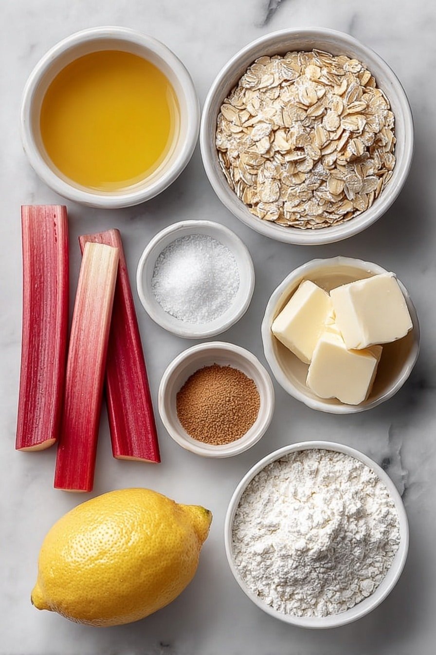 Flat lay of fresh pink rhubarb stalks sliced into thick pieces arranged neatly, a whole bright yellow lemon with a few fresh lemon zest strips beside it, a small white ceramic bowl filled with granulated sugar, a small white ceramic bowl containing glossy melted butter, a small white ceramic bowl with old fashioned rolled oats, a small white ceramic bowl with fine white vanilla sugar, a small white ceramic bowl of ground cinnamon powder, a small white ceramic bowl with fine baking powder, a small white ceramic bowl with fine white all-purpose flour, a small white ceramic bowl holding smooth cornstarch powder, a few cold cubes of pale yellow butter, a single clean whole egg with an uncracked shell placed delicately, all ingredients symmetrically spaced on a clean white marble surface, soft natural light, photo taken with an iPhone, professional food photography style, fresh ingredients, white ceramic bowls, no bottles, no duplicates, no utensils, no packaging --ar 2:3 --v 7 --p m7354639359234015250 — Rhubarb Crumble Bars, rhubarb dessert, easy rhubarb bars, fruit crumble bars, homemade rhubarb bars