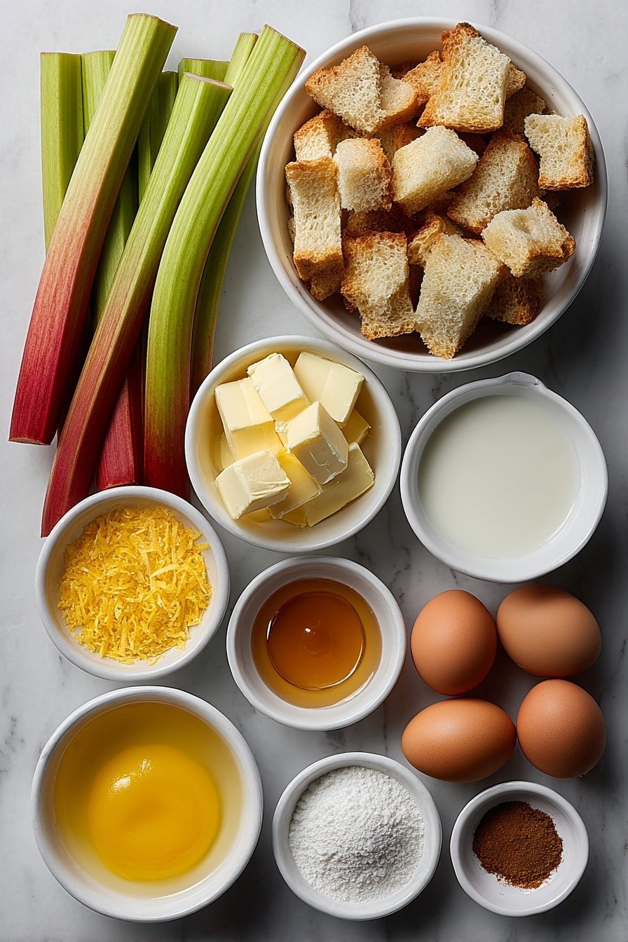 Flat lay of a small mound of pale all-purpose flour, a small pile of white granulated sugar, cold cubed pale yellow butter, fresh rhubarb stalks cut into thick pink and green chunks, a few whole brown digestive biscuits, a smooth block of soft cream cheese in white ceramic plate, a whole uncracked brown egg, a small white bowl of granulated sugar, a small white bowl of pale golden melted butter, a small white bowl of fresh cream, a small white bowl with ground ginger and nutmeg, a small white bowl with clear water placed symmetrically on a simple white ceramic surface, soft natural light, photo taken with an iPhone, professional food photography style, fresh ingredients, white ceramic bowls, no bottles, no duplicates, no utensils, no packaging --ar 2:3 --v 7 --p m7354639359234015250 — Rhubarb Crumble Cheesecake, Rhubarb Cheesecake Recipe, Easy Rhubarb Desserts, No-Bake Cheesecake with Rhubarb, Spring Fruit Desserts