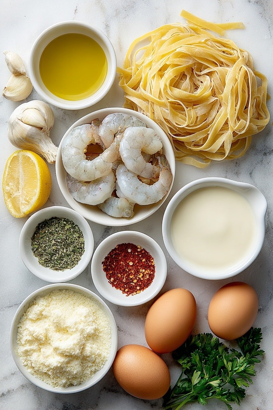 Creamy Shrimp Pasta Recipe - Ingredients Image — Creamy Shrimp Pasta, creamy shrimp pasta recipe, best shrimp pasta, easy shrimp pasta dinner, seafood pasta dish