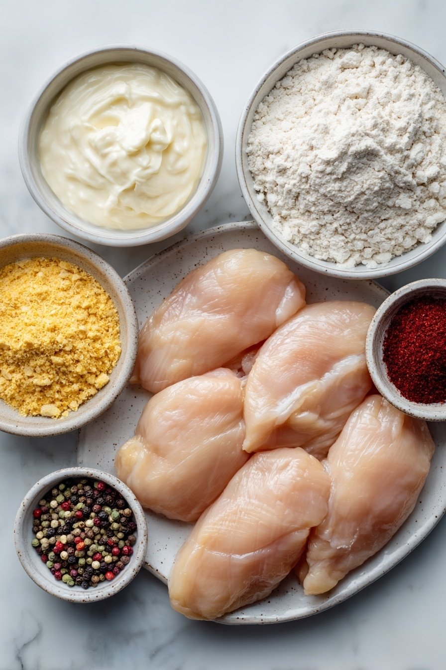 Country Fried Chicken Breast Recipe - Ingredients Image — Country Fried Chicken Breast, crispy fried chicken, homemade fried chicken, juicy chicken breast recipes, comforting chicken dishes