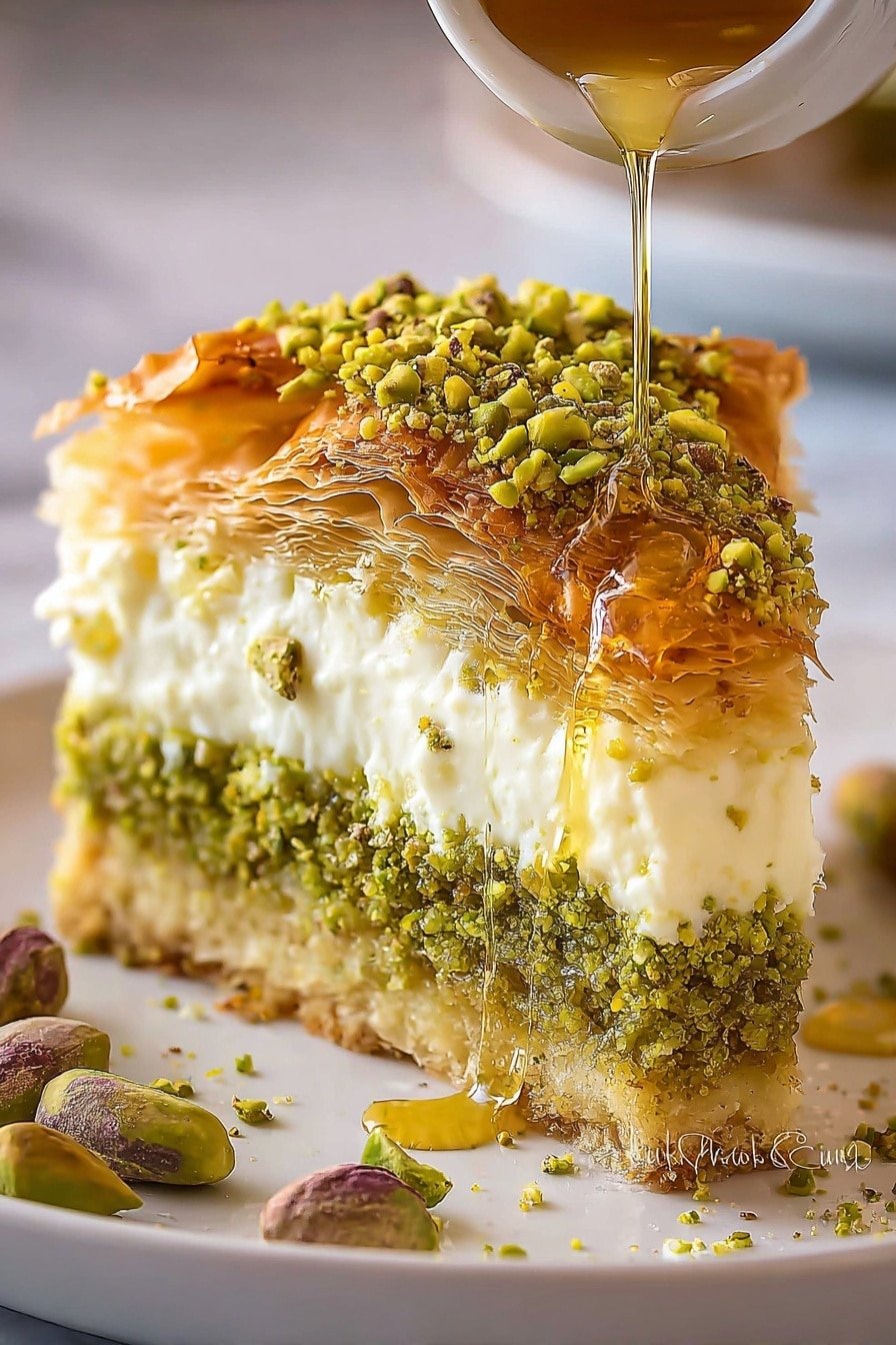 Pistachio Baklava Cheesecake Recipe - Article Image 2 — Pistachio Baklava Cheesecake, baklava cheesecake with pistachios, Mediterranean-inspired dessert, layered baklava cheesecake recipe, nutty and creamy cheesecake