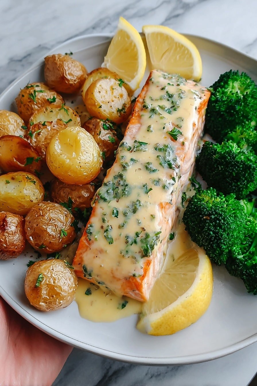 Lemon Butter Salmon with Crispy Potatoes Recipe - Article Image 2 — Lemon Butter Salmon with Crispy Potatoes, Lemon Butter Salmon, Crispy Potatoes recipe, Oven Roasted Salmon and Potatoes, Easy Lemon Salmon dish