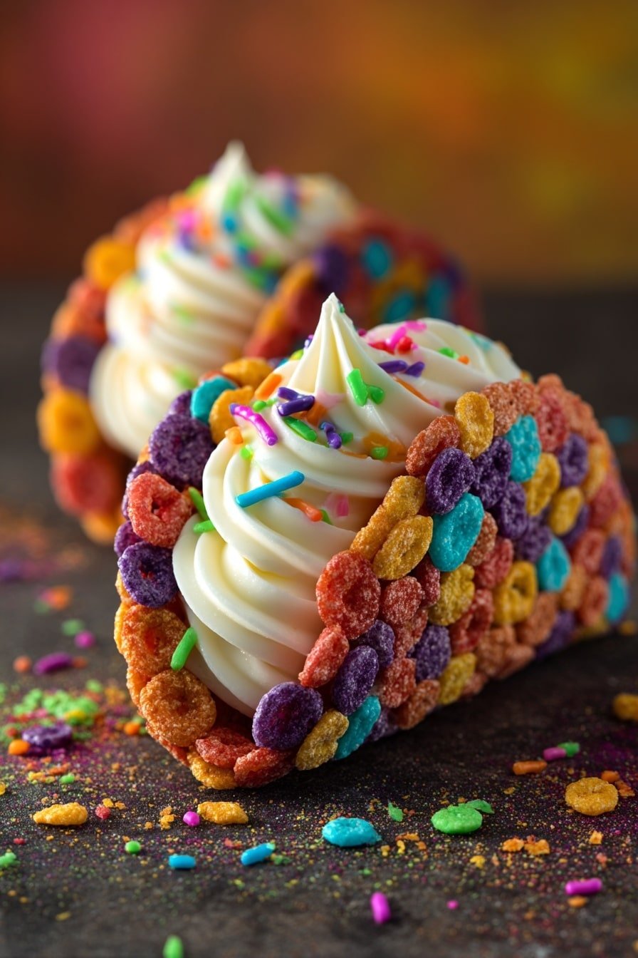Fruity Pebbles Cheesecake Tacos Recipe - Article Image 2 — Fruity Pebbles Cheesecake Tacos, Fruity Pebbles dessert recipes, easy colorful dessert ideas, quick fruity cereal treats, creative taco dessert recipes